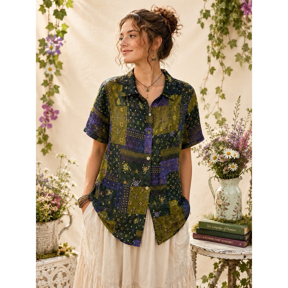 90s Forest Fairy Garden Patchwork Boho Shirt Whimsigoth Cottagecore Lagenlook Sm